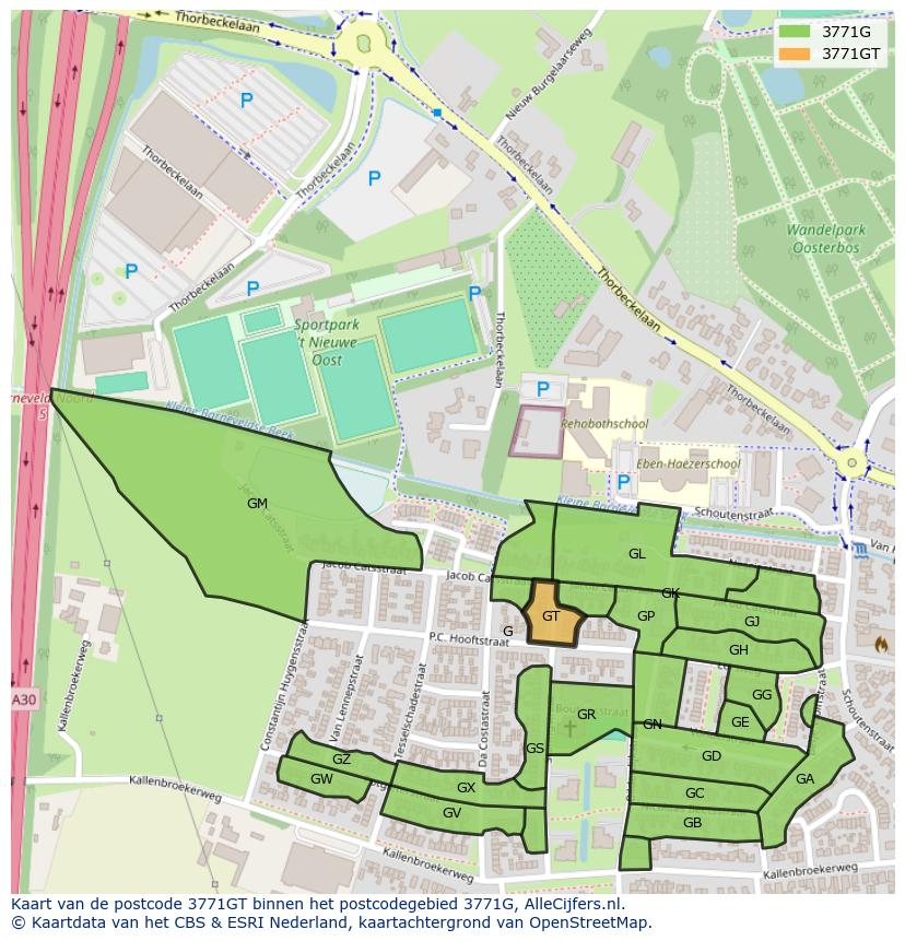 Afbeelding van het postcodegebied 3771 GT op de kaart.