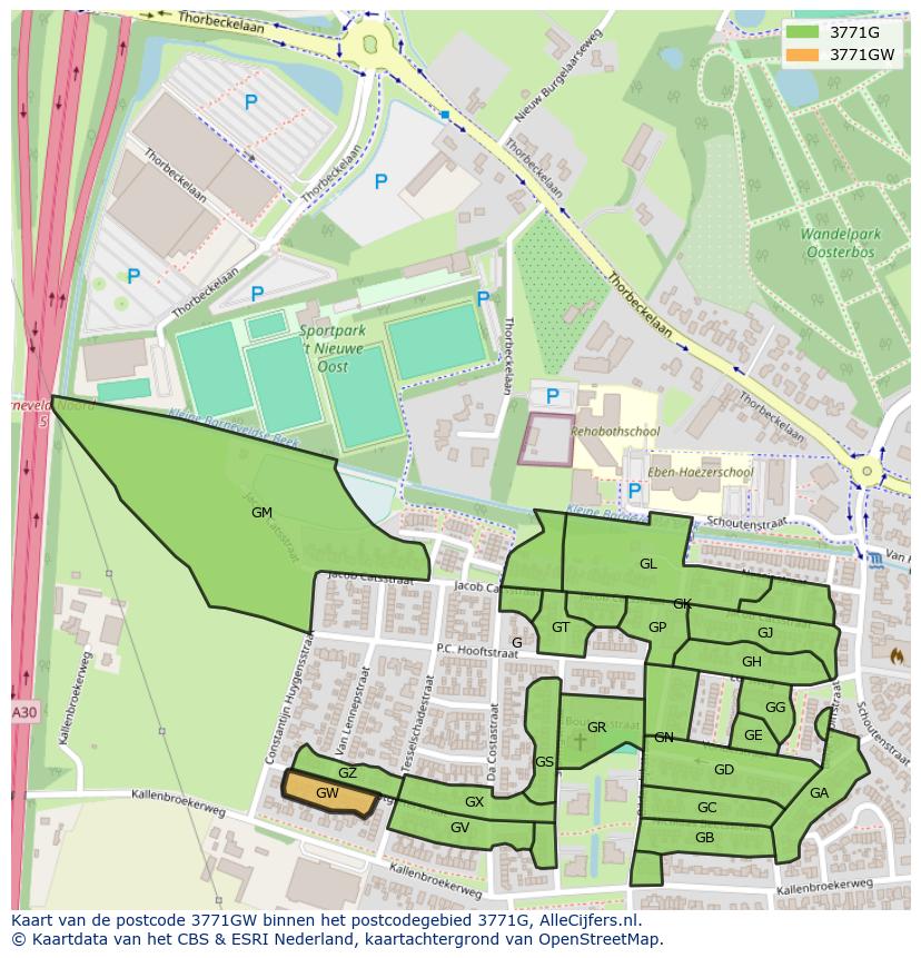 Afbeelding van het postcodegebied 3771 GW op de kaart.