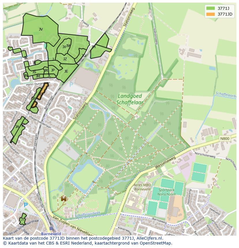Afbeelding van het postcodegebied 3771 JD op de kaart.