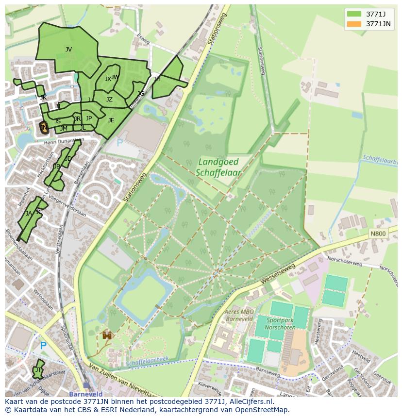 Afbeelding van het postcodegebied 3771 JN op de kaart.