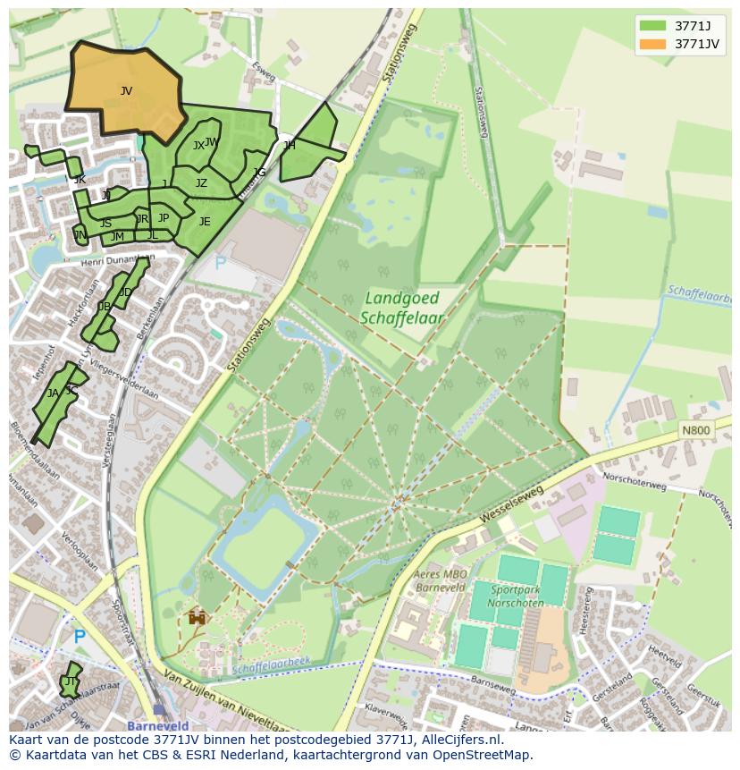 Afbeelding van het postcodegebied 3771 JV op de kaart.