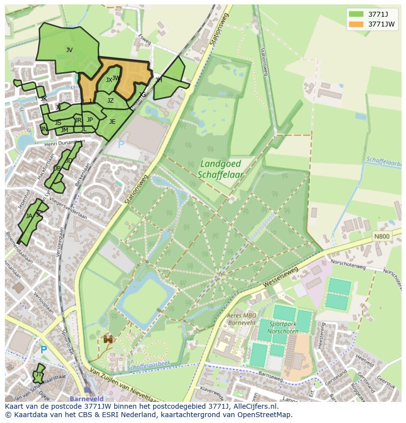 Afbeelding van het postcodegebied 3771 JW op de kaart.