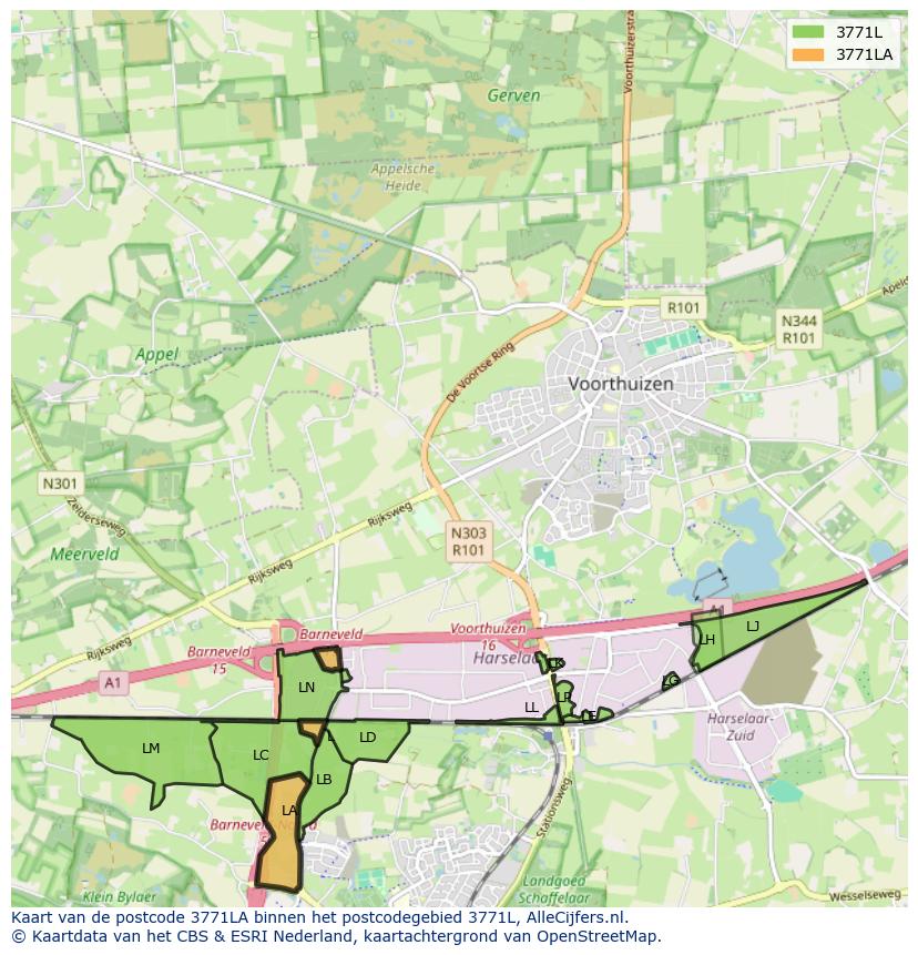 Afbeelding van het postcodegebied 3771 LA op de kaart.