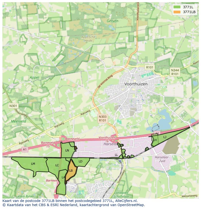Afbeelding van het postcodegebied 3771 LB op de kaart.