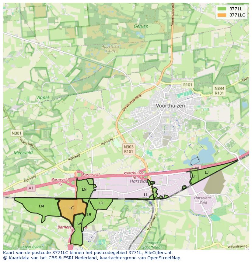 Afbeelding van het postcodegebied 3771 LC op de kaart.