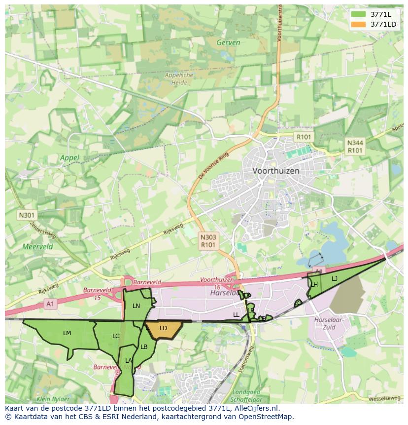 Afbeelding van het postcodegebied 3771 LD op de kaart.