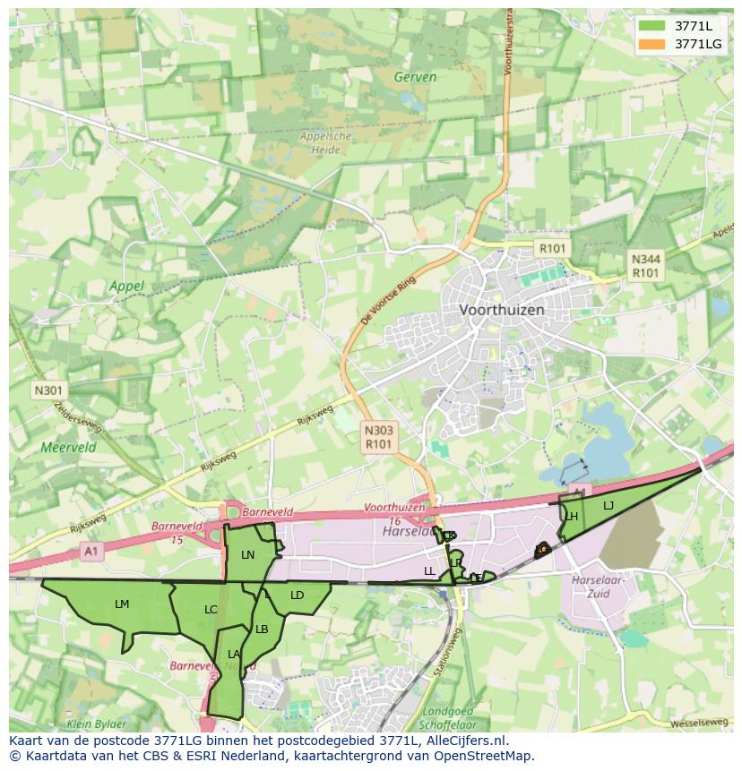 Afbeelding van het postcodegebied 3771 LG op de kaart.