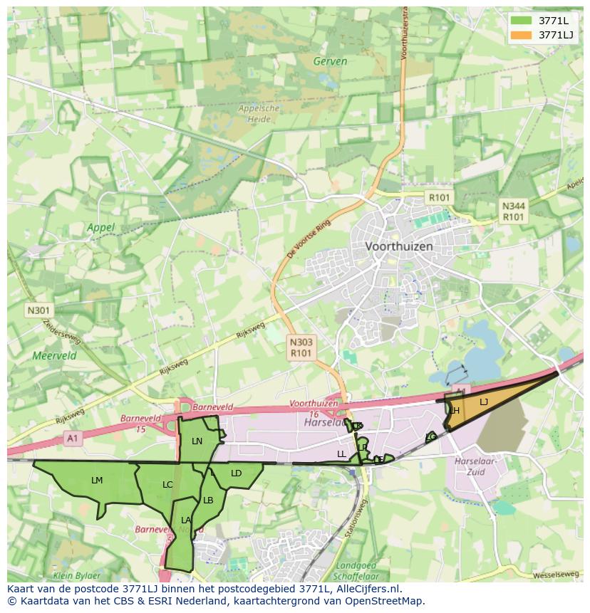 Afbeelding van het postcodegebied 3771 LJ op de kaart.