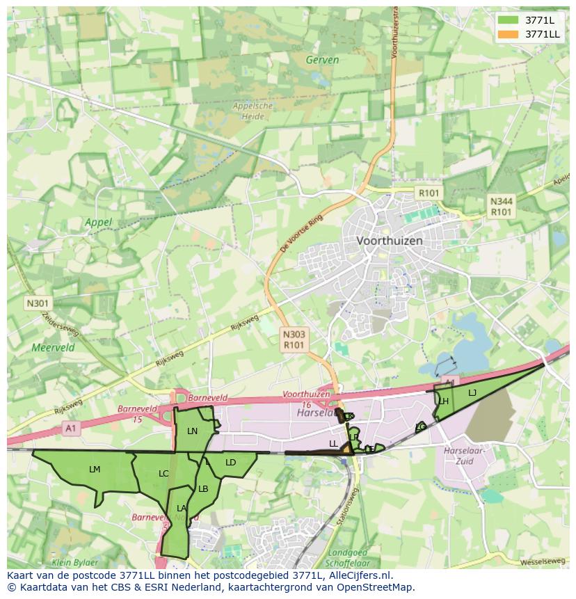 Afbeelding van het postcodegebied 3771 LL op de kaart.