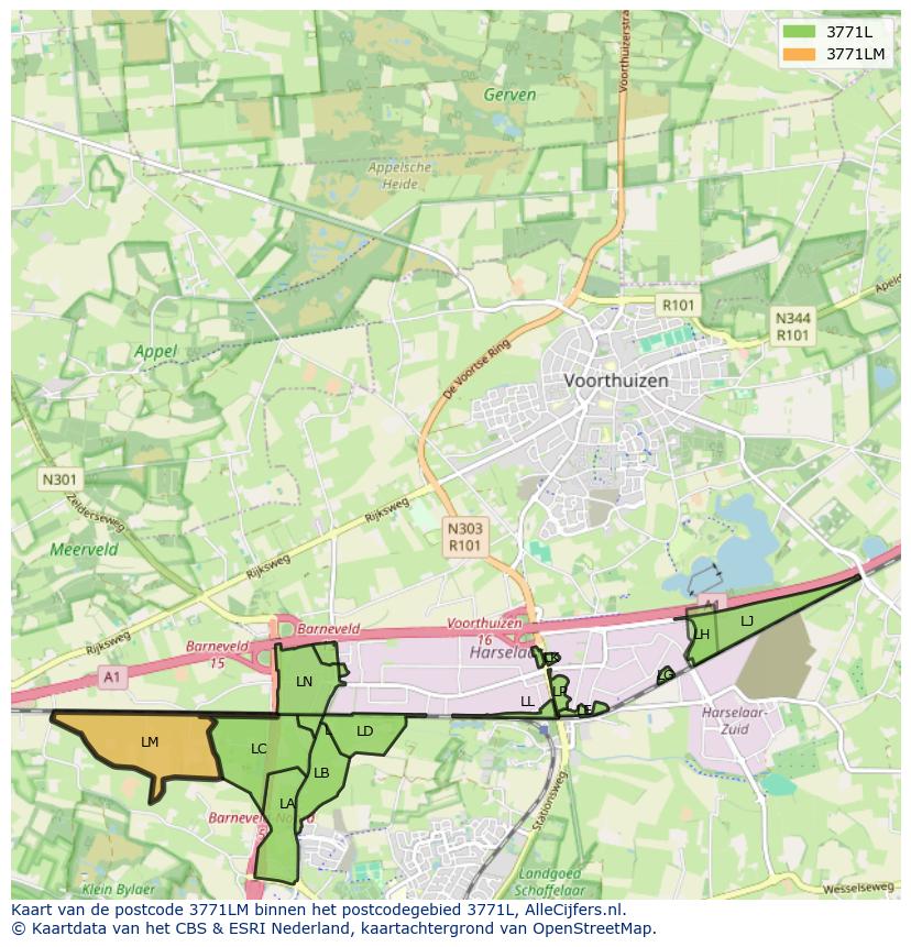 Afbeelding van het postcodegebied 3771 LM op de kaart.