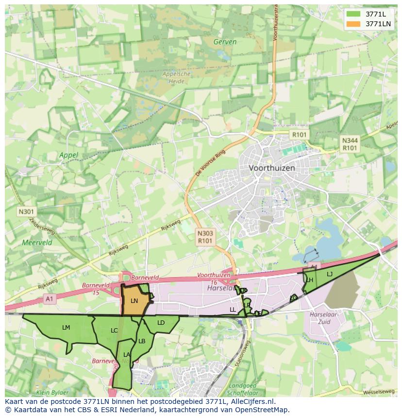 Afbeelding van het postcodegebied 3771 LN op de kaart.