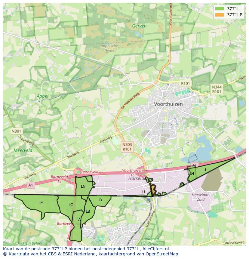 Afbeelding van het postcodegebied 3771 LP op de kaart.