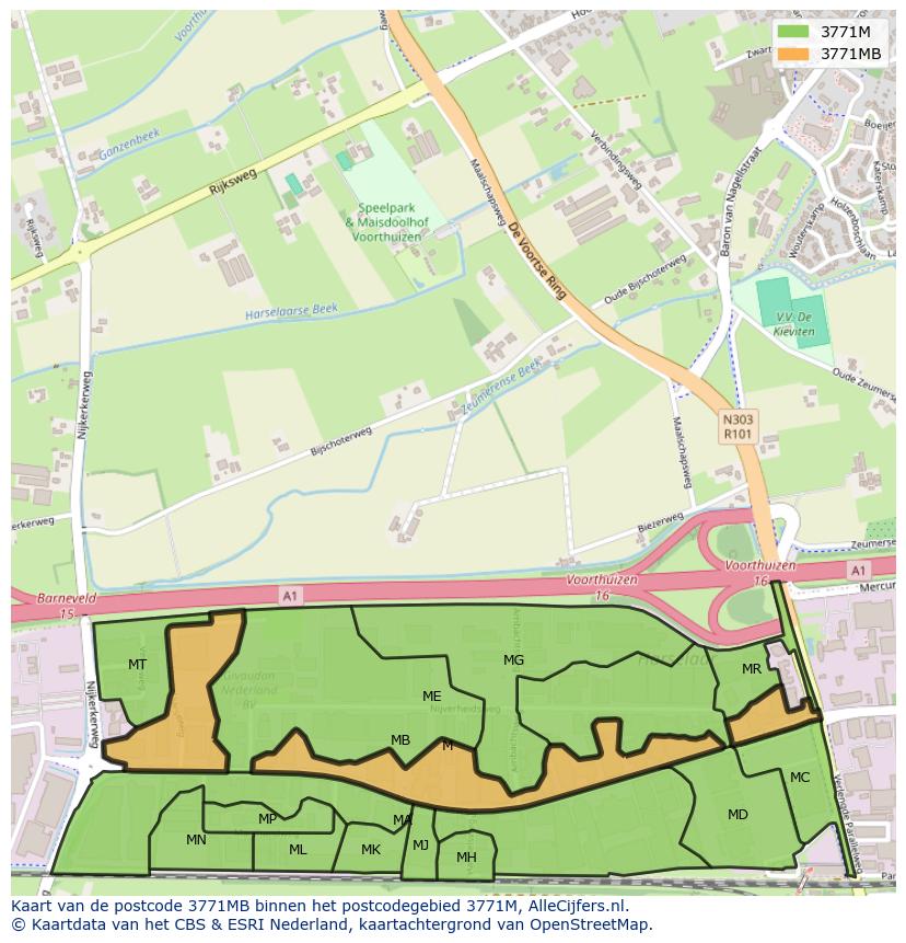 Afbeelding van het postcodegebied 3771 MB op de kaart.