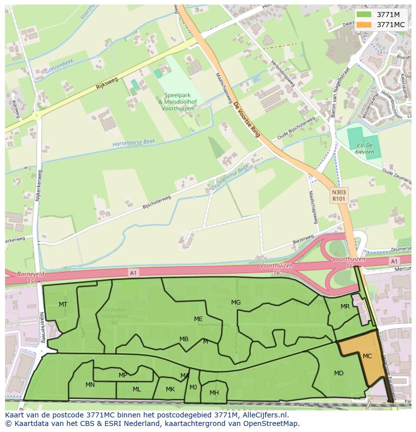 Afbeelding van het postcodegebied 3771 MC op de kaart.