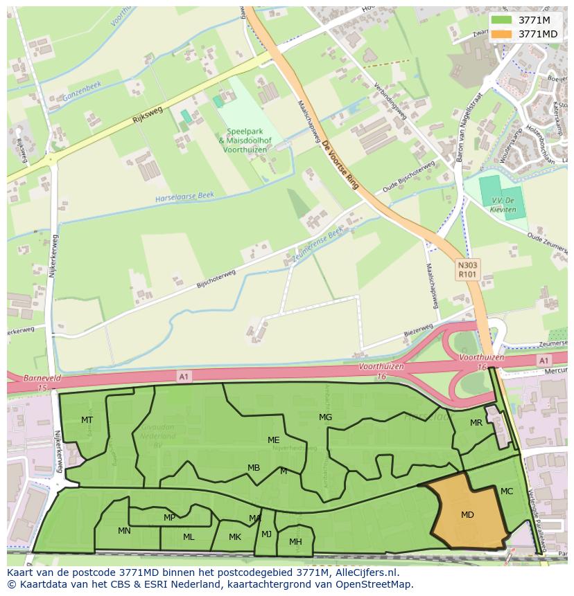 Afbeelding van het postcodegebied 3771 MD op de kaart.