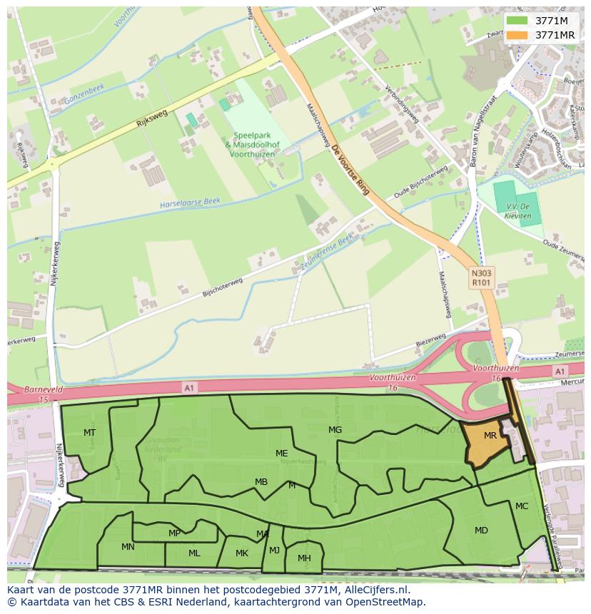 Afbeelding van het postcodegebied 3771 MR op de kaart.