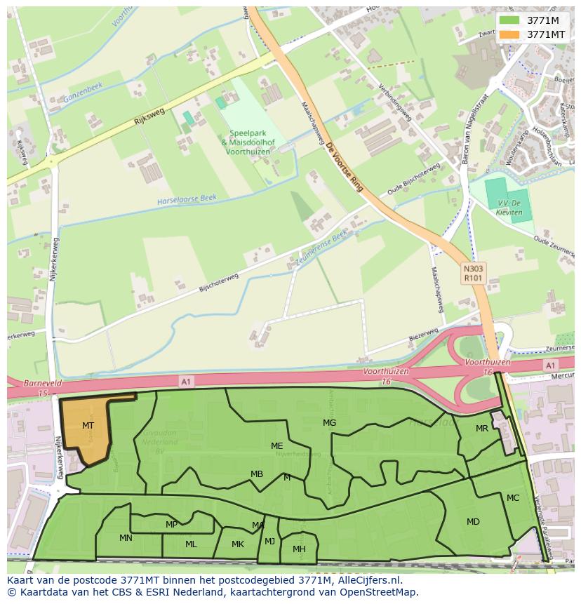 Afbeelding van het postcodegebied 3771 MT op de kaart.