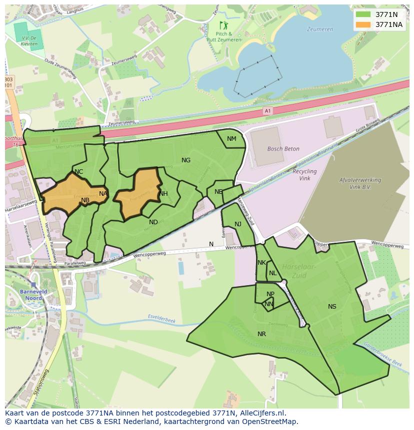 Afbeelding van het postcodegebied 3771 NA op de kaart.