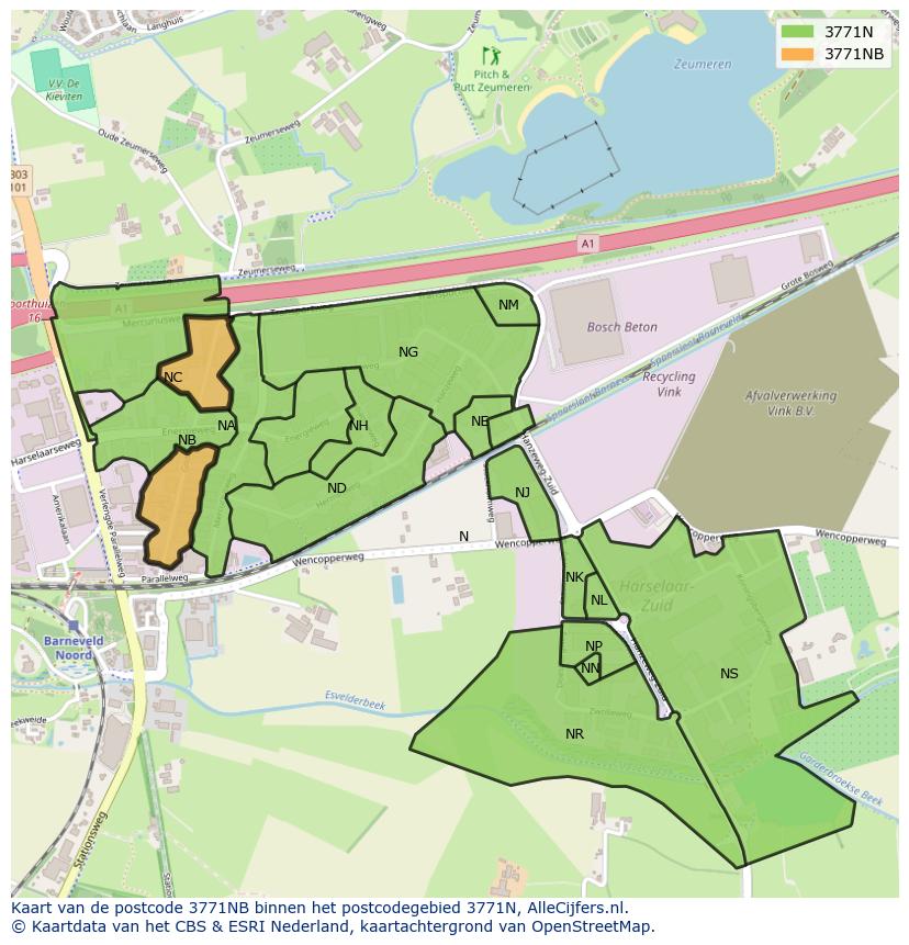 Afbeelding van het postcodegebied 3771 NB op de kaart.