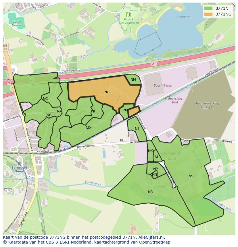 Afbeelding van het postcodegebied 3771 NG op de kaart.