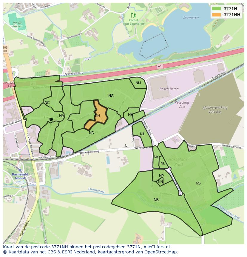 Afbeelding van het postcodegebied 3771 NH op de kaart.