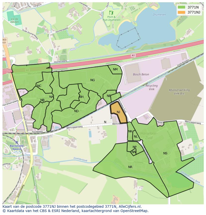 Afbeelding van het postcodegebied 3771 NJ op de kaart.
