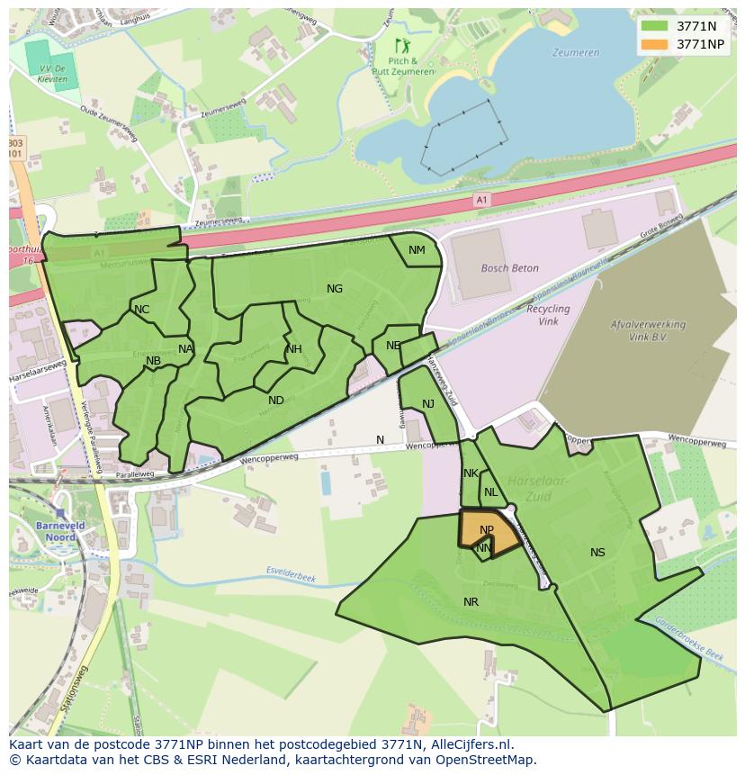 Afbeelding van het postcodegebied 3771 NP op de kaart.