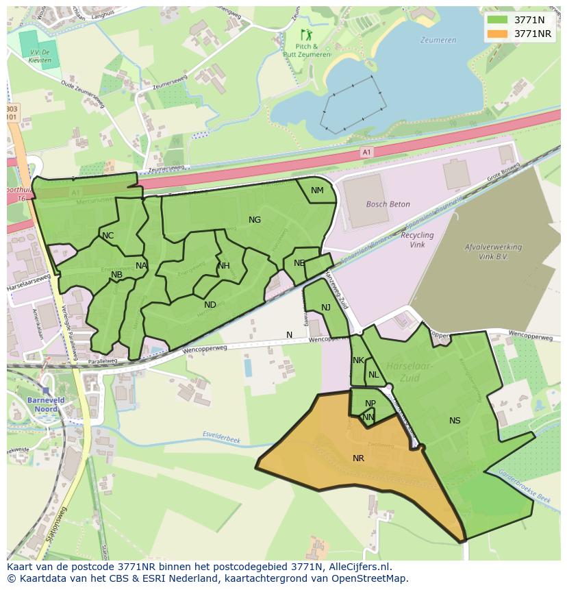 Afbeelding van het postcodegebied 3771 NR op de kaart.