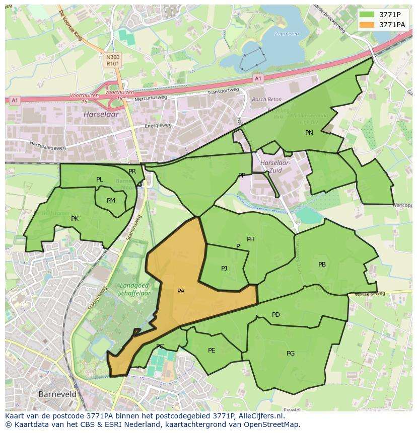 Afbeelding van het postcodegebied 3771 PA op de kaart.