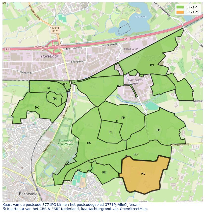 Afbeelding van het postcodegebied 3771 PG op de kaart.