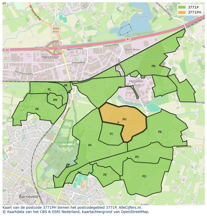 Afbeelding van het postcodegebied 3771 PH op de kaart.