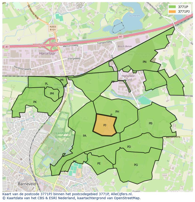 Afbeelding van het postcodegebied 3771 PJ op de kaart.