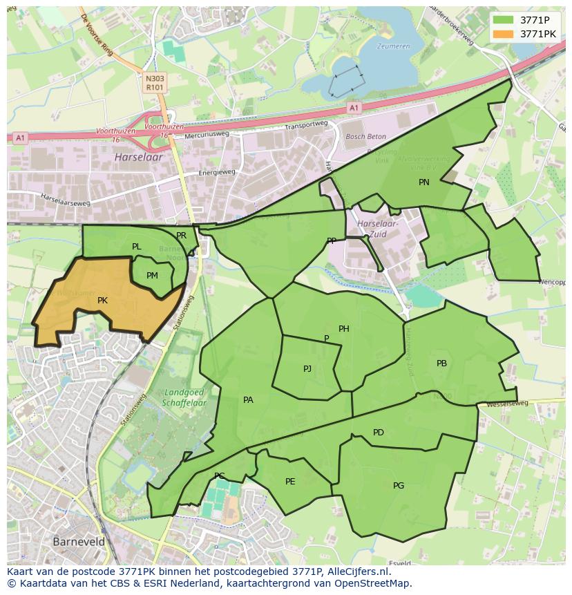 Afbeelding van het postcodegebied 3771 PK op de kaart.
