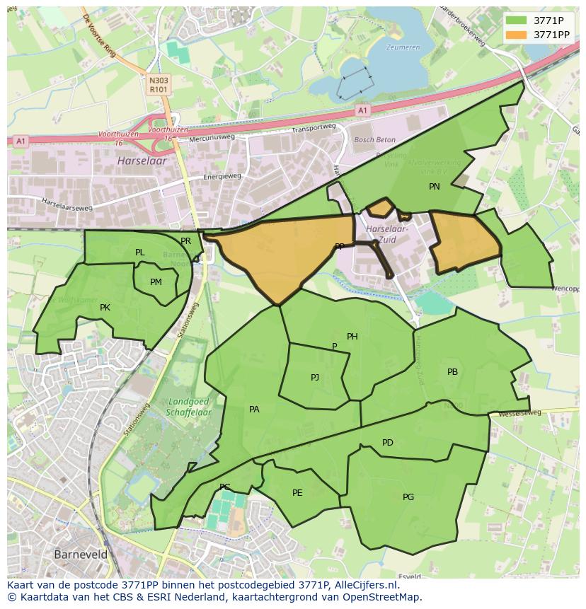 Afbeelding van het postcodegebied 3771 PP op de kaart.