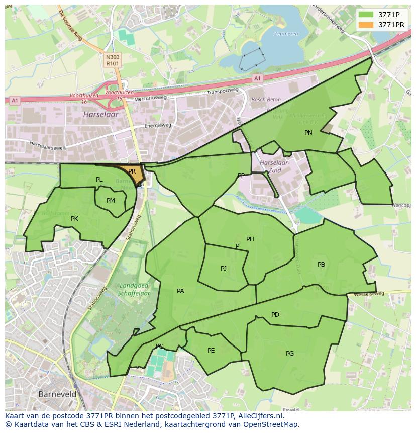 Afbeelding van het postcodegebied 3771 PR op de kaart.