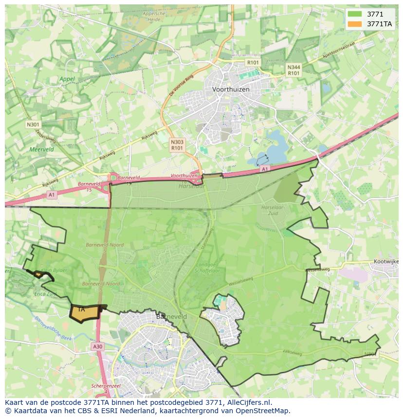 Afbeelding van het postcodegebied 3771 TA op de kaart.