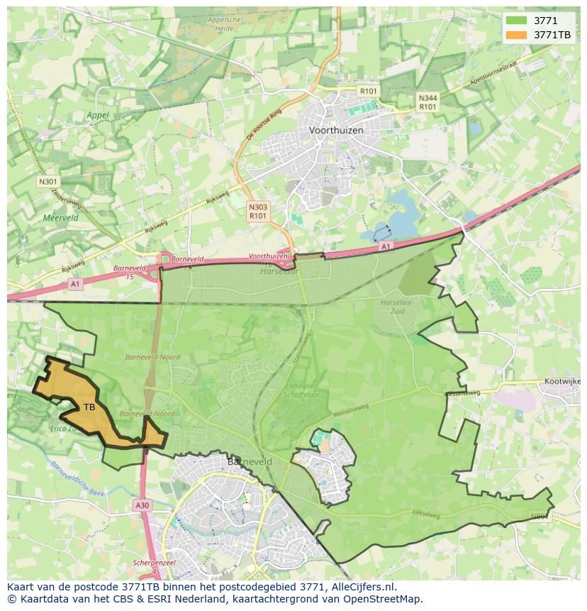 Afbeelding van het postcodegebied 3771 TB op de kaart.