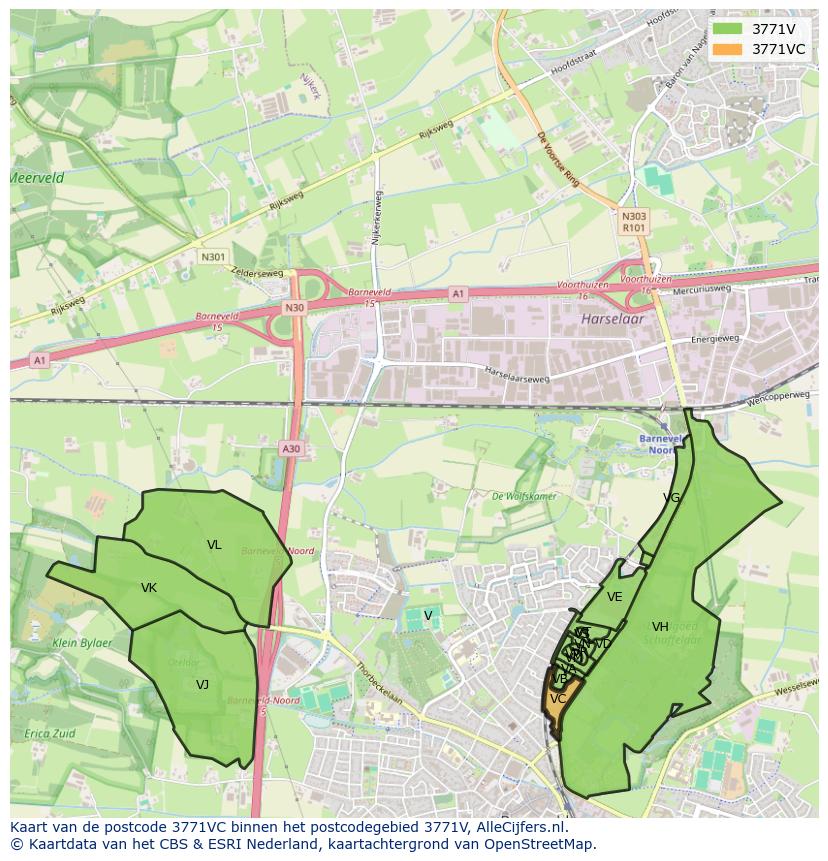Afbeelding van het postcodegebied 3771 VC op de kaart.