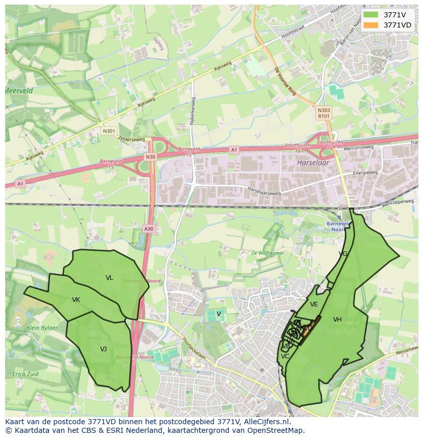 Afbeelding van het postcodegebied 3771 VD op de kaart.