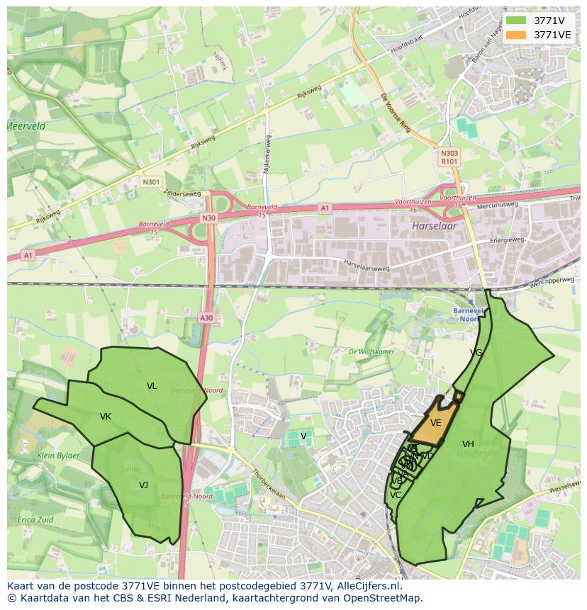 Afbeelding van het postcodegebied 3771 VE op de kaart.