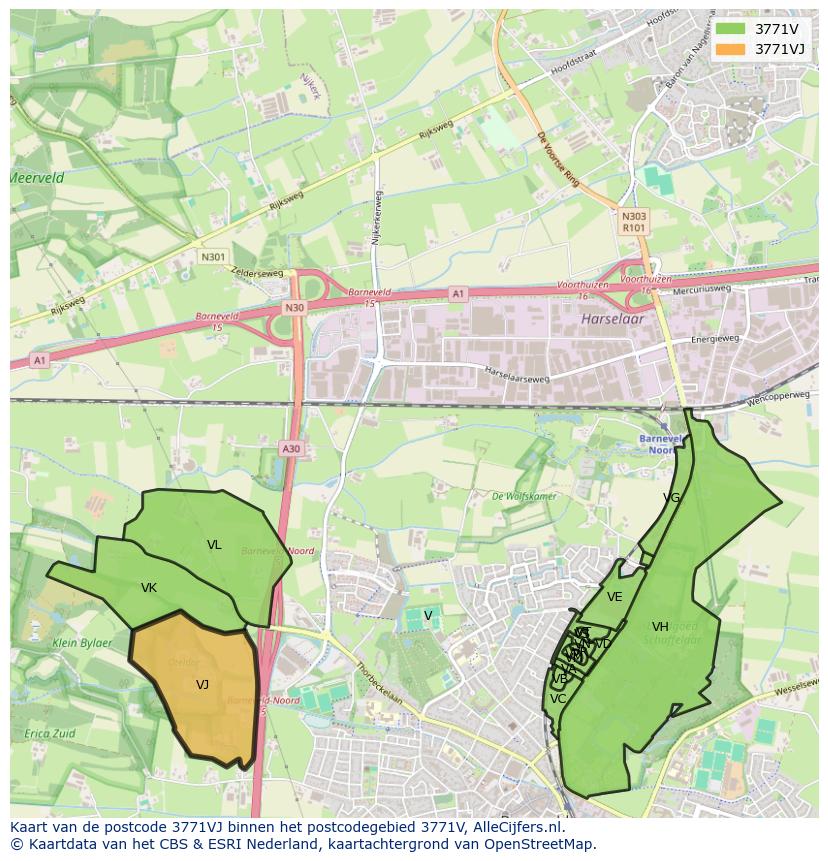 Afbeelding van het postcodegebied 3771 VJ op de kaart.