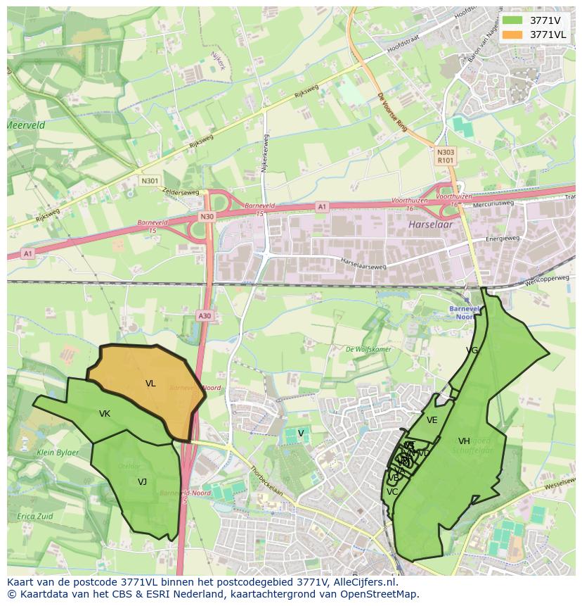 Afbeelding van het postcodegebied 3771 VL op de kaart.