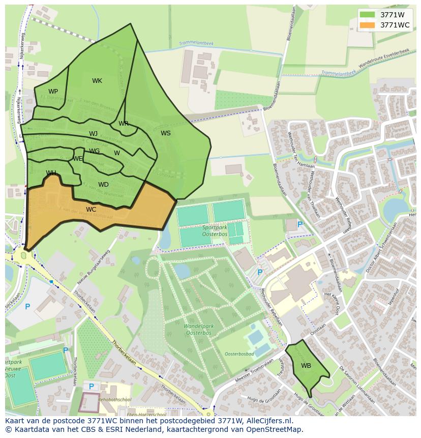 Afbeelding van het postcodegebied 3771 WC op de kaart.