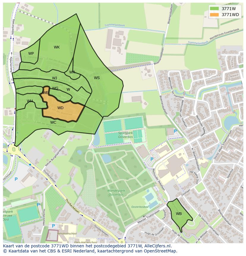 Afbeelding van het postcodegebied 3771 WD op de kaart.