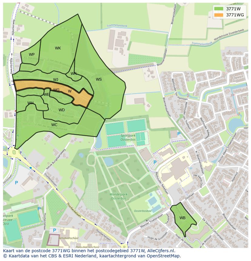 Afbeelding van het postcodegebied 3771 WG op de kaart.