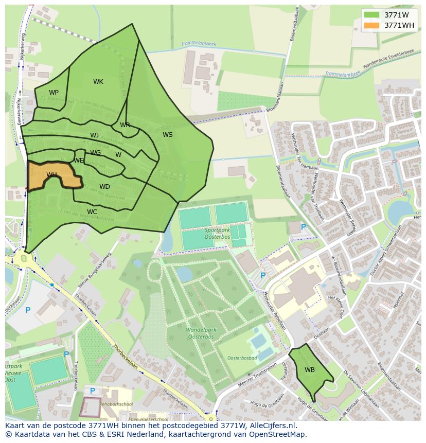 Afbeelding van het postcodegebied 3771 WH op de kaart.