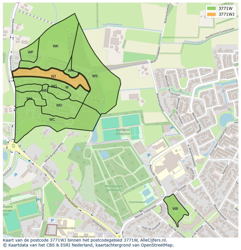 Afbeelding van het postcodegebied 3771 WJ op de kaart.