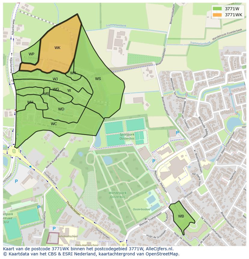 Afbeelding van het postcodegebied 3771 WK op de kaart.