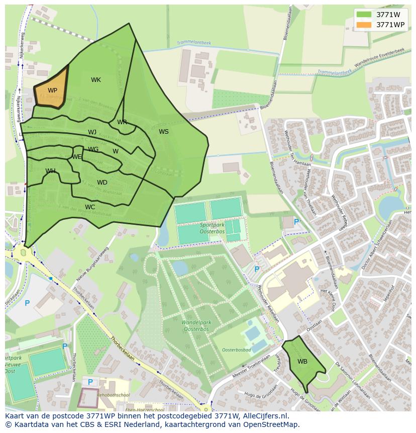 Afbeelding van het postcodegebied 3771 WP op de kaart.