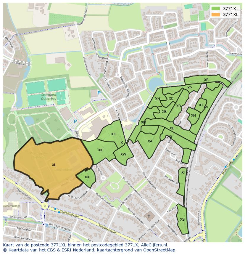 Afbeelding van het postcodegebied 3771 XL op de kaart.